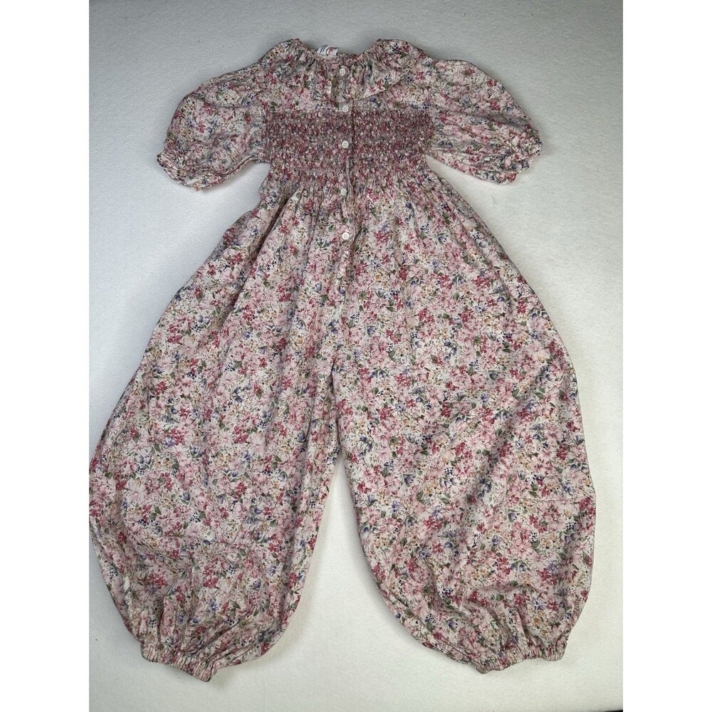 Girls Floral‎ Smocked Jumpsuit Puff Sleeve Bloomers Elastic Waist VTG